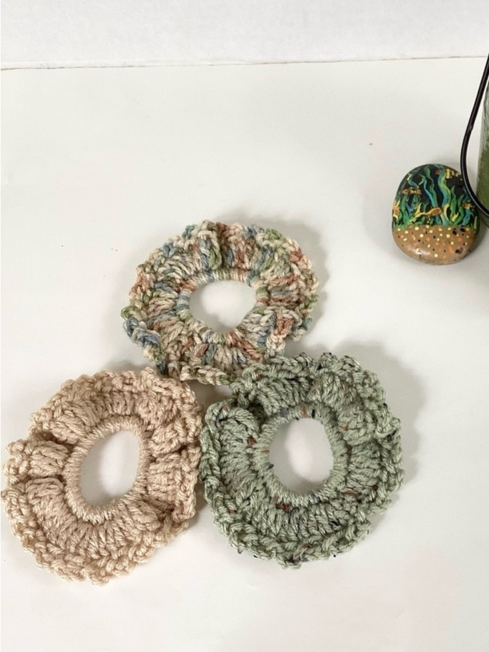Hair Scrunchies Hand Crafted Green Tan Acrylic Crochet Messy Bun